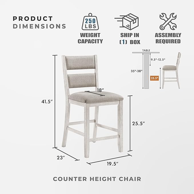 Lexicon Counter Height Chairs, Set of 2, Wooden Kitchen Chairs with Light Gray Textured Fabric Upholstered Seats and Back Rest, Counter Stools for Kitchen/Dining Room, 25.5" SH, Brushed Antique White