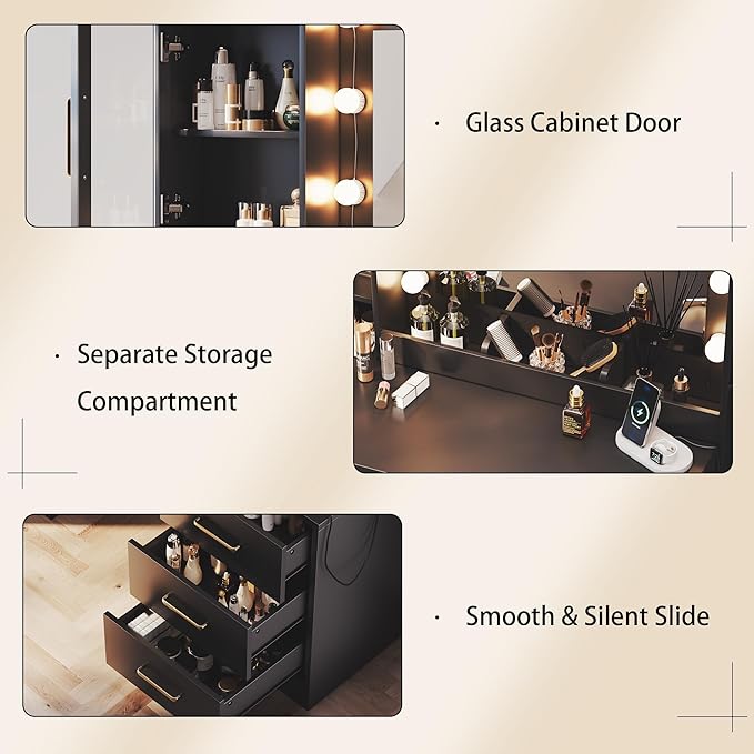 TOKSOM Makeup Vanity Desk with Mirror and Lights, 51" Makeup Vanity with Lights & Charging Station, Dressing Table Vanity Set for Bedroom, Vanity Table with 6 Drawers and 3 Cabinet Black