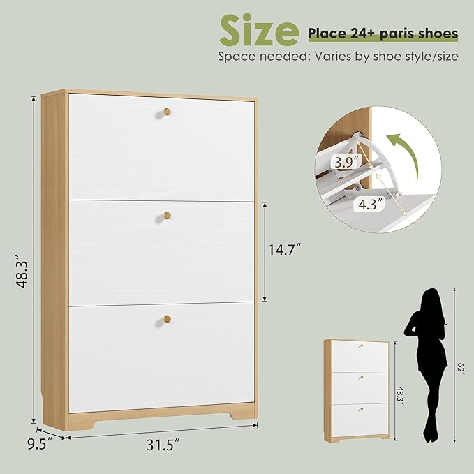Nicetree Shoe Storage Cabinet for Entryway, Morden Shoe Cabinet, Freestanding Shoe Rack Cabinet, Hidden Shoe Dresser for Hallway,Foyer, Natural Oak and White