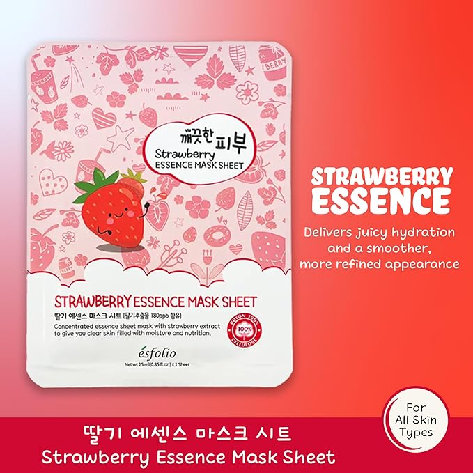 エスポリオ ストロベリーエッセンスマスク – イチゴエキス配合 保湿韓国シートマスク – 輝くようななめらかな肌へ 栄養、潤い、肌活性化フェイスマスク (10枚入り)
