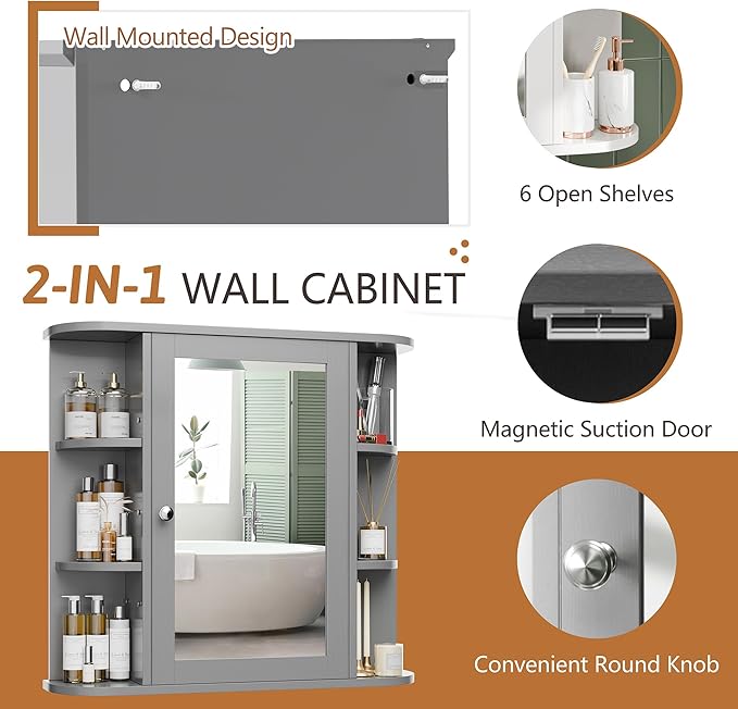 Bathroom Mirror Cabinet Wall Mounted, Medicine Cabinet with Mirror and 6 Open Shelves, Modern Bathroom Wall Cabinets Medicine Cabinets, Grey