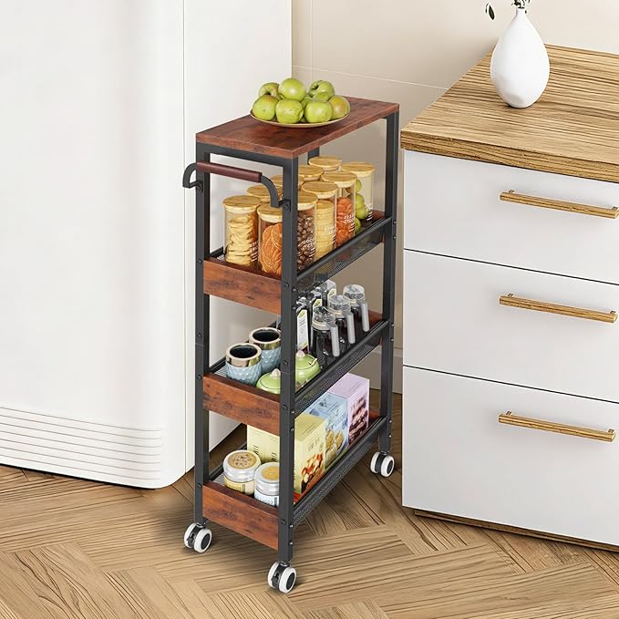 Utility Slim Storage Cart with Wheels, 4 Tier Slim Rolling Cart, Slim Rolling cart for Kitchen,Small Rolling Cart with Wood Top, Skinny Metal Organization Trolley Laundry with Handle for Small Space
