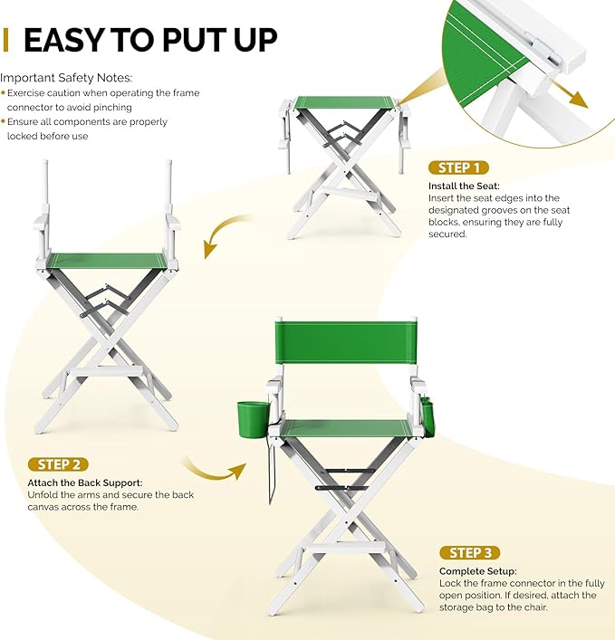 OmySalon 26" H Tall Directors Chair, Wooden Portable Folding Makeup Chair w/Storage Pouch & Footrest, Professional for Salon/Events/Mobile Services, 250lb Capacity, Olive Green Canvas & White Frame