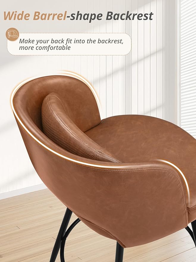 LUE BONA 26''H Swivel Bar Stools Set of 4, Counter Height Bar Stools with Backs, Lumbar Pillow and Black Metal Frames, Upholstered Modern Barstools for Kitchen Island, Faux Leather, Brown