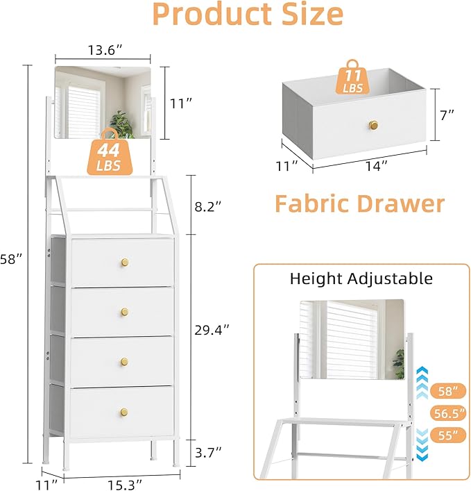 HIGDBFE 4-Drawer Dresser with Mirror, Vanity with 2-Tier Shelves, Fabric Chest of Drawers for Small Space, Vertical Storage Cabinet for Bedroom, Nightstand Bedside Table Furniture, White, 15.3" W