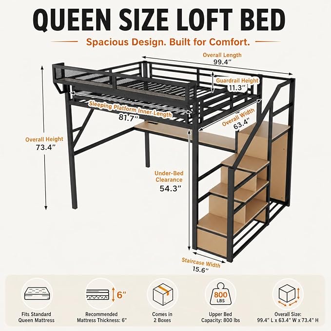 Mirightone Queen Loft Bed with Desk and RGB Light, Metal Loft Bed Frame with Stairs and Bedside Shelf, Heavy-Duty Lofts Beds with Storage Shelves and Wardrobe for Kids Teens, Black