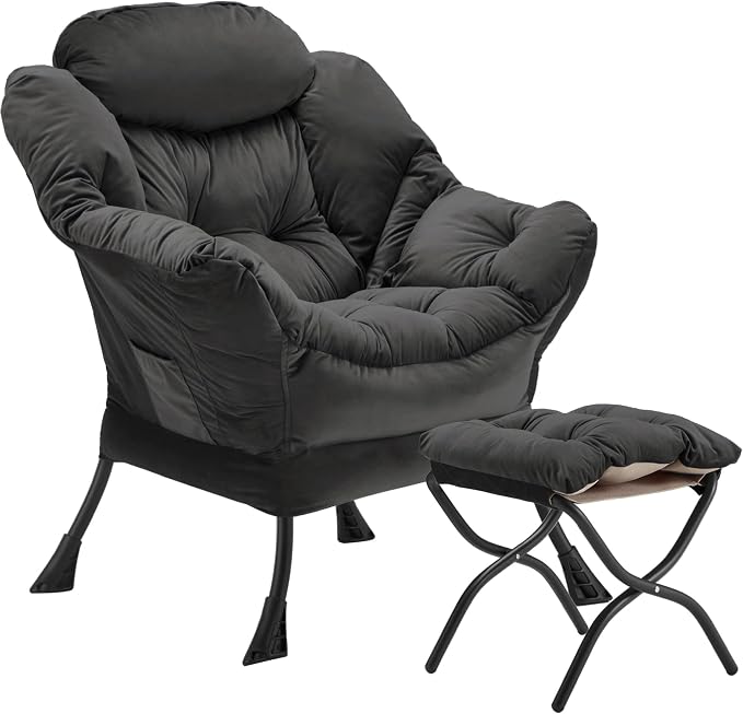 Youtanic Lazy Chair with Folding Ottoman, Accent Chair Velvet Upholstered with Metal Structure and Non-Slip Pads, Sofa Armchair with Footrest and Side Storage Bag for Dorm, Office, Charcoal