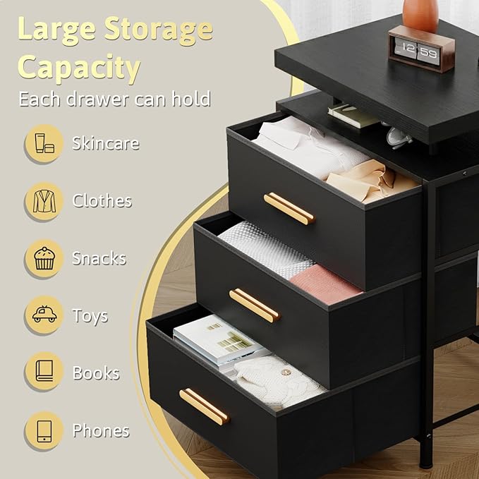 DreamDashio Night Stand with APP Control LED Lights, 3 Fabric Storage Drawers with PU Finish, Floating Top Design, Bedside Table with Open Shelf, End Table for Bedroom, Living Room, Office (Black)