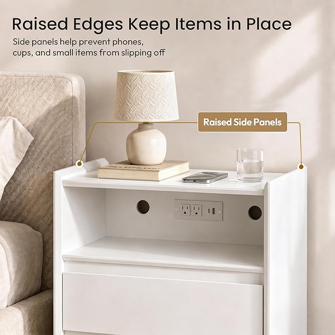 24" Tall Nightstand with Charging Station Including USB-C, Modern Bedside Table and Sofa End Table - White, 2 Drawers, Set of 2