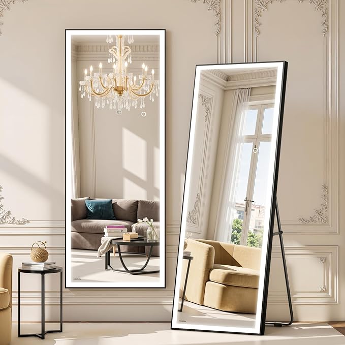 Kosmonia 71x24 Full Length Mirror, Dimmable 3 Color LED Light w/Light Memory, Distortion Free Silver Coating Mirror, HD Reflection &Anti Desilvering,Tempered Glass, Easy Setup w/Stand, Wall/Standing