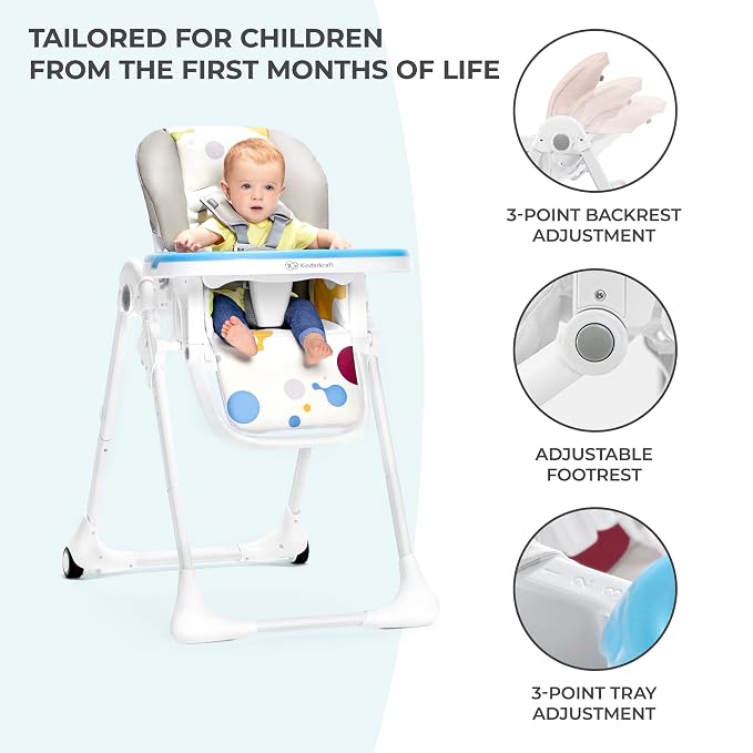 Kinderkraft Highchair Yummy, Baby Chair, Ergonomic, Comfortable, Reclining, Foldable, with Ajustable Height, Footrest, Detachable Double Tray, for Toddler, from 6 Month to 3 Years, Pink
