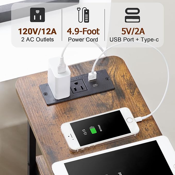 LOAKEKEL Narrow Nightstand with Charging Station, End Tables Living Room Set of 2, Skinny Side Table with Fabric Drawers, Slim Sofa Table for Bedroom, Small Spaces, Couch, Brown, HETNDP02BR