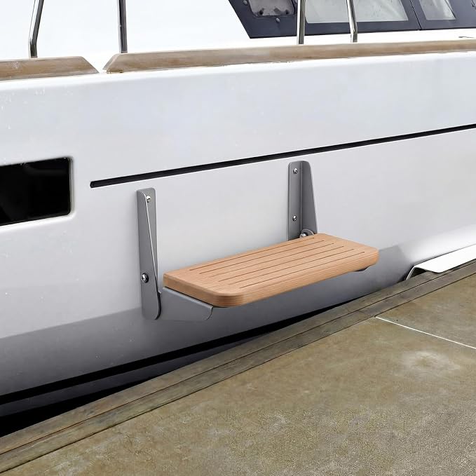 SiliFine 12 x 6.1 x 7.87 Inches Boat Fold up Footrest Foldable Teak Footrest for Boats Helm Wall Mounted Foldable Step Teak and Aluminum Hardware for Boat, Yacht, RV, Home, and More