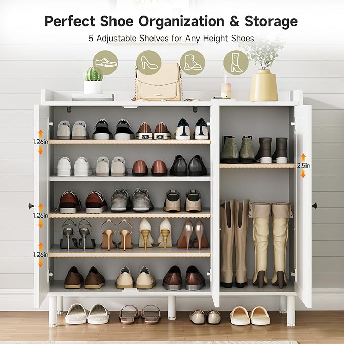 ONBRILL Shoe Cabinet with 3 Doors and Adjustable Shelves, 30 Pairs Shoe Storage Cabinet, 40 Inch Tall Farmhouse Shoe Rack Shoe Organizer Cabinet for Entryway Living Room Closet, White