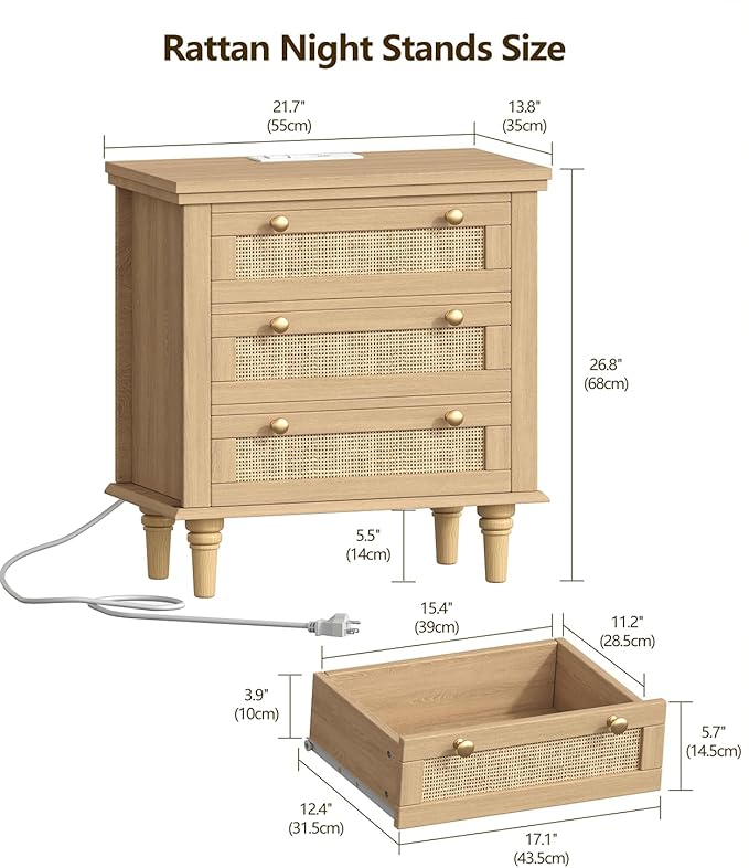 Keehusux Night Stand with 3 Large Storage Drawers, 26.8" H Rattan Nightstand with Charging Station, Boho Bedside Table with Round Handles, Wooden End Table for Bedroom, Natural Oak KES008MECTG