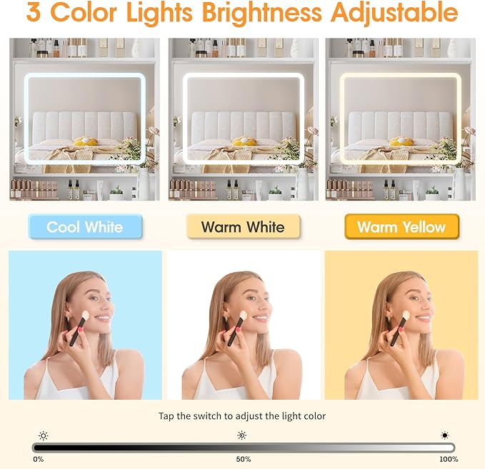 Vabches Make Up Vanity Desk with Mirror and Lights, White Vanity Table Set with Charger Station,Girls Small Vanity and Storage Chair