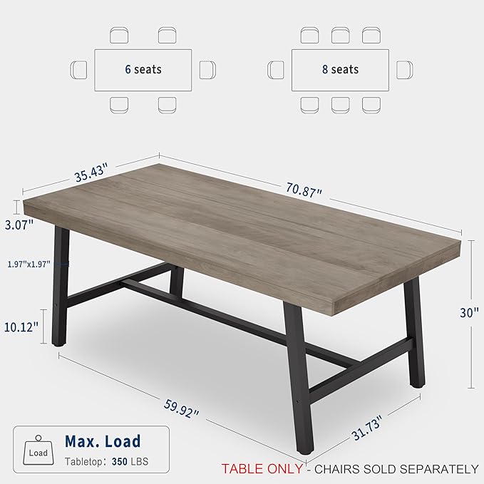 GarveeHome Industrial Dining Table for 6-8 People, 70.87" Long Large Kitchen Table with Sturdy Metal Frame, Rectangular Counter for Dinner, Kitchen, Dining Room (Grey, 71" Non-extendable)