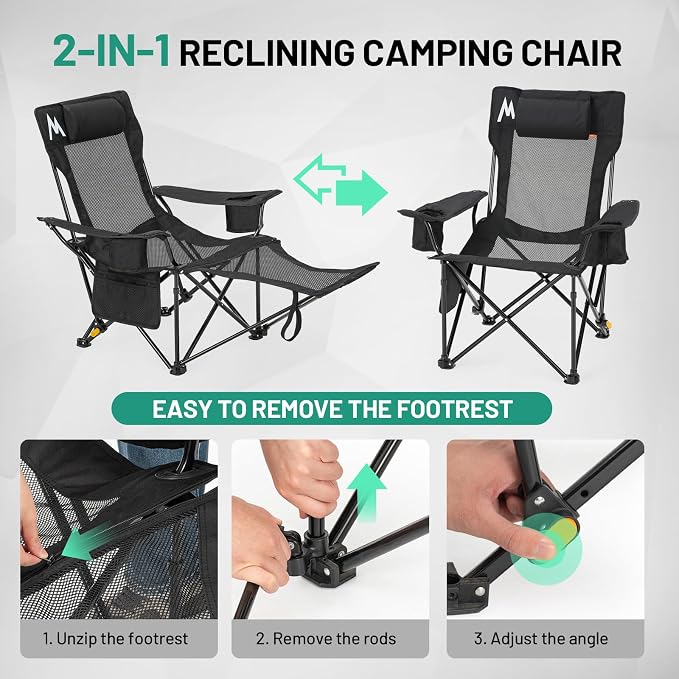 Overmont Reclining Camping Chair with Footrest - 4-Position Adjustable Backrest Lightweight Folding Lounge Chair for Adults with Pillow Carry Bag - Support 300LBS Portable for Outdoor Beach Lawn Patio