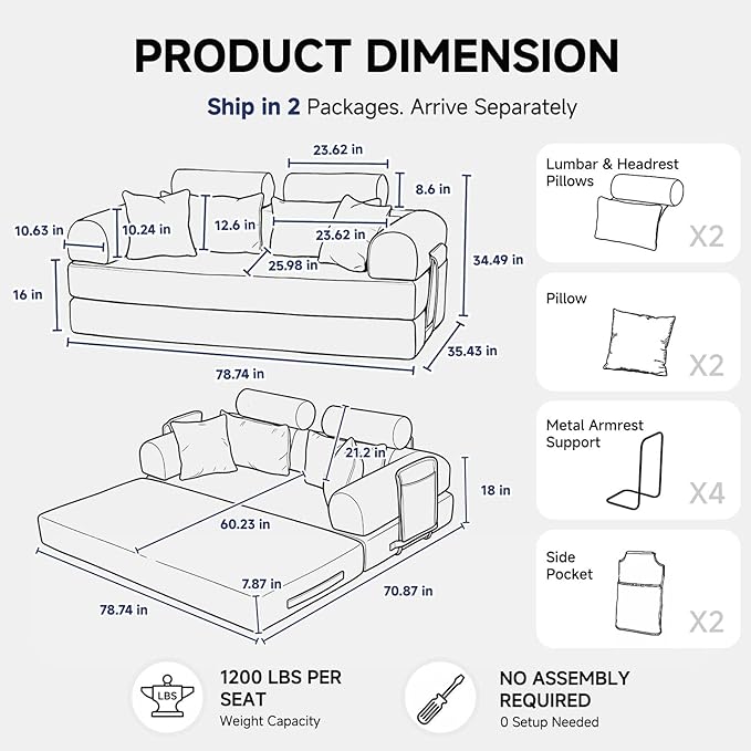 79" Convertible Boneless Couch for Small Spaces, 6-in-1 Corduroy Sofa Bed with High Backrest, Pillows, High-Density Foam Loveseat Sleeper Couch in a Box for Living Room, No Assembly, Graffiti B