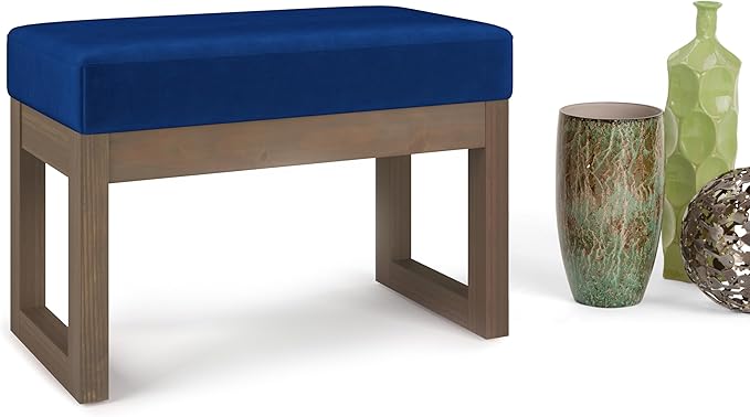 SIMPLIHOME Milltown Small Ottoman Bench - 27" Wide x 18" High Upholstered Velvet Fabric Rectangle Footstool Ottoman in Blue, Contemporary Bench for Bedroom with Cushioned Seat, Assembled