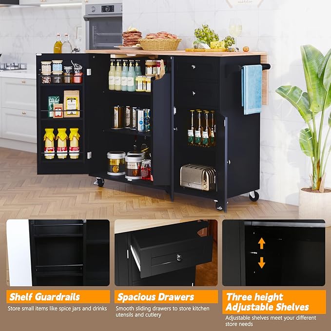 HLR Kitchen Island with Storage, Black Rolling Kitchen Island on Wheels with Drop-Leaf Bar Countertop, Island Table for Kitchen with Side Open Spice Rack and Tower Rack, Extra Storage for Kitchen