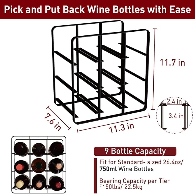Buruis 9-Bottle Wine Rack, Modern Metal Countertop Wine Holder Stand for Kitchen, Pantry & Cabinet Storage, No Assembly Required, Black