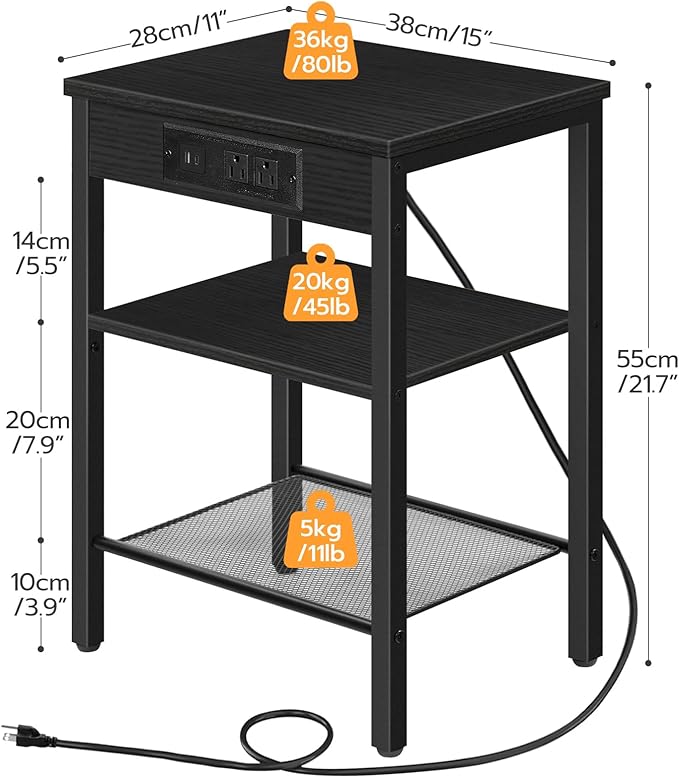 HOOBRO Side Table with Charging Station and USB Port, Small End Table for Small Space, 3-Tier Nightstand with Adjustable Shelf, for Living Room, Bedroom, Black BB112BZ01