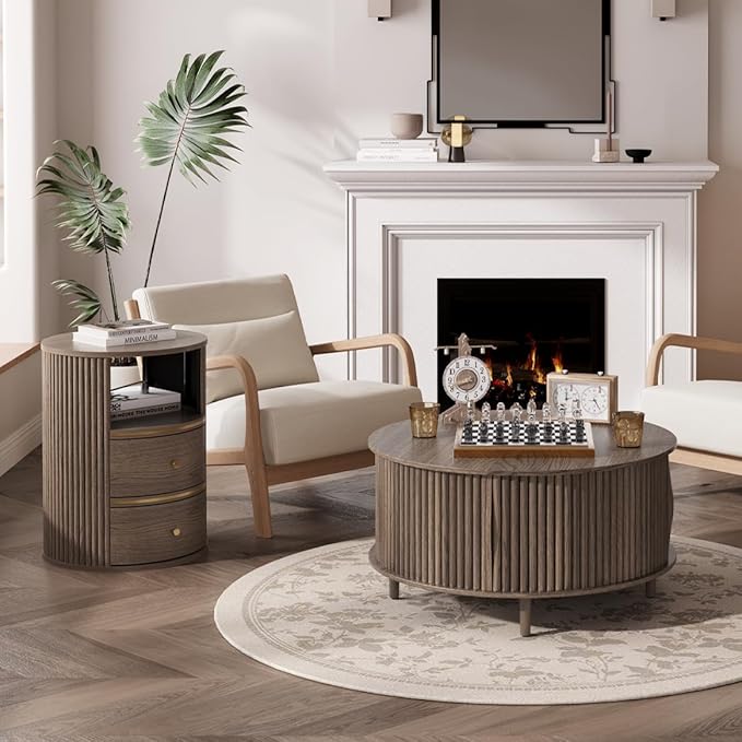 JOINICE Round Coffee Table and End Table Set,31.5" Mid Century Modern Living Room Furniture, Walnut Fluted Center Table with Storage & Matching Side Table for Small Space