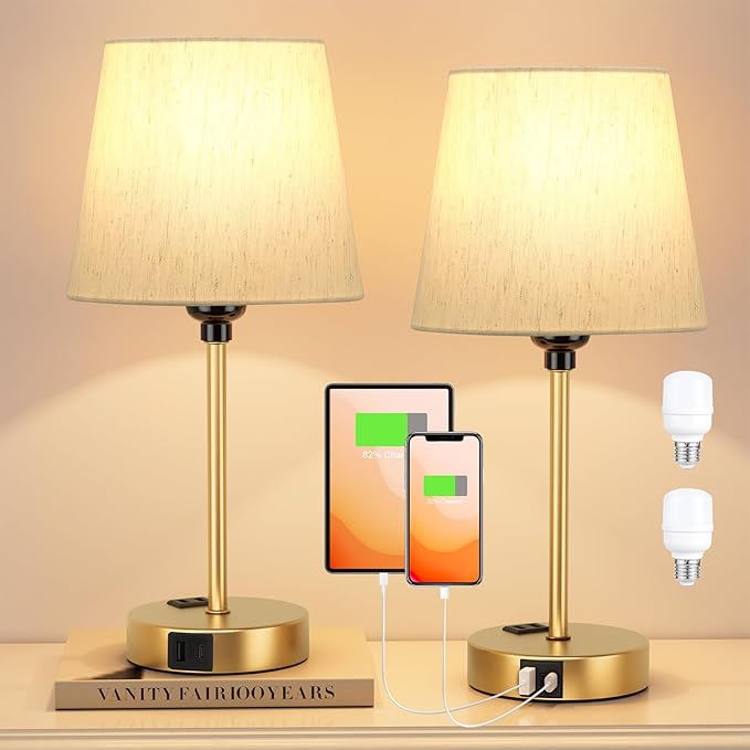 Lamp for bedrooms Set of 2 - Nightstand Bedroom Lamp with USB C Port and AC Outlet Charging, 3 Way Dimmable Touch Control Bed Side Table Lamp, Small Night Stand Light for Kids/Guest Room