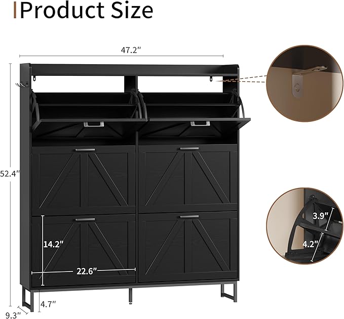 Shoe Cabinet with 6 Flip Drawers, Freestanding Hidden Shoe Storage Organizer for Entryway, Narrow Slim Shoe Rack Cabinet with Open Storage & Hooks for Front Door Entrance, Living Room, Hallway, Black