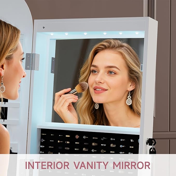 360° Swivel Jewelry Mirror Cabinet with Lights, Inside Makeup Mirror, Standing Jewelry Armoire Organizer, Rotatable Full-Length Mirror with Jewelry Storage, Lockable with Back Storage Shelves (White)