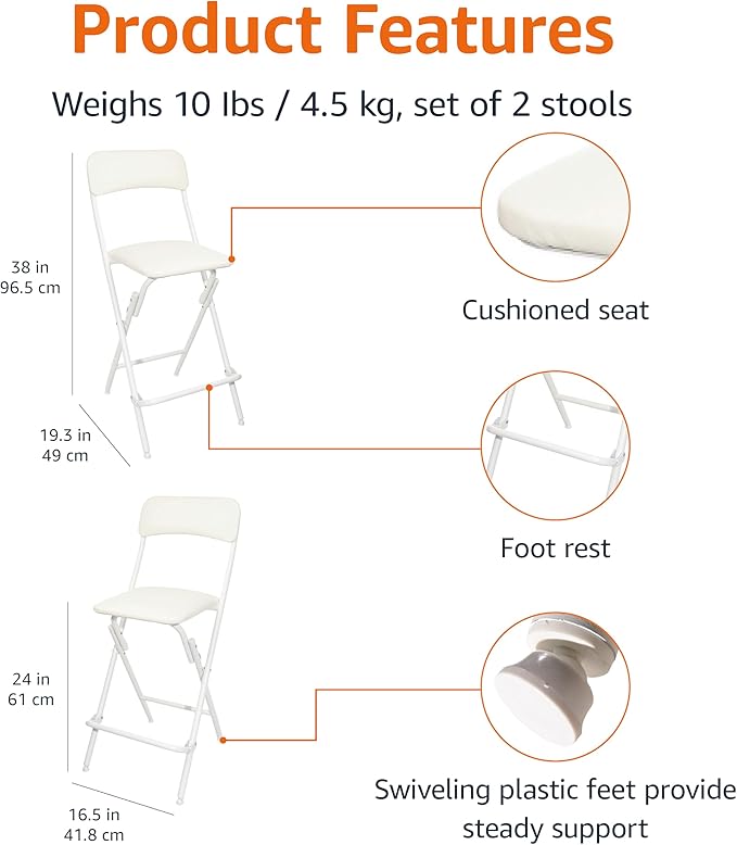 Amazon Basics Folding Bar Stool with Footrest, Portable, Sturdy, Space-Saving Storage, 300lb Capacity, 24" Height, White, Set of 2