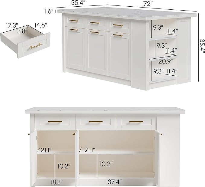 homary 72" Modern Kitchen Island with Storage, White Marble-Effect Engineered Wood Top, Modern Kitchen Table for Dining Room