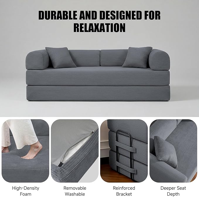 79” Compressed Sofa, 6-in-1 Convertible Sofa Bed, Corduroy Compression Boneless Couch in a Box, Comfy Modular Foldable Floor Sleeper Sofa for Bedroom, Living Room (Dark Gray)