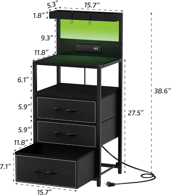 SZLHANJZ LED Nighstand with Charging Station, Night Stand with 3 Drawers and LED Lights, Storage Side Table with 3 Shelf and Hooks, Bedroom End Table for Bedside, Modern Black