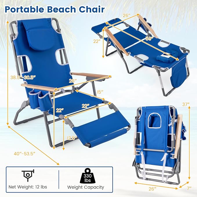 Goplus 3-in-1 Foldable Beach Chair, Lay-Flat Tanning Chair with Face and Arm Holes, Footrest, 330 lbs Heavy-Duty Portable Reclining Lounge Chairs for Outside, Camping, Patio, Poolside, Lawn (2,Navy)