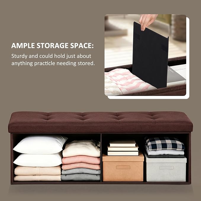 SUPER DEAL 43 Inches Foldable Storage Ottoman Bench - 660 LBS Collapsible Space-Saving Seat, Linen Fabric Foam Padding for Living Room Bedroom Dorm - Easy to Assemble, Brown