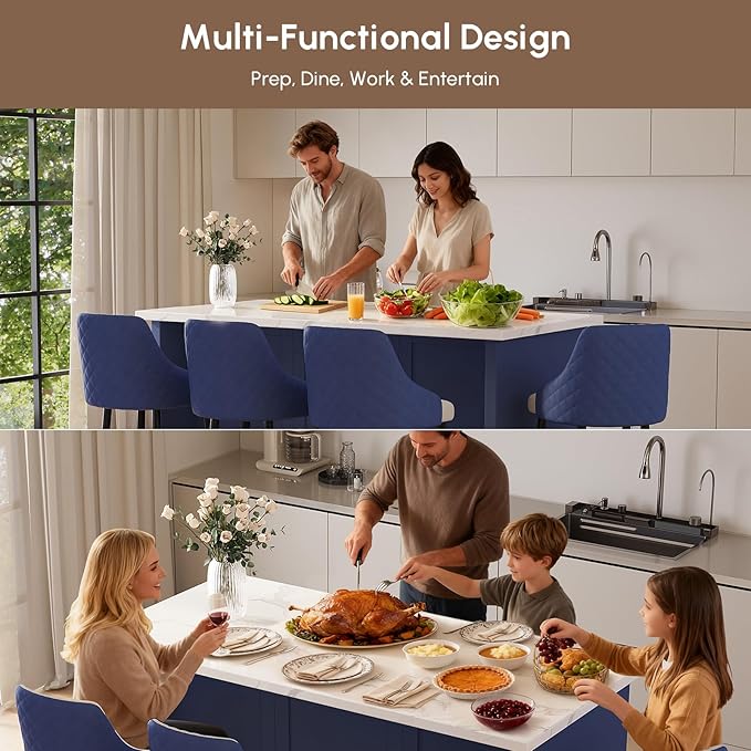 homary 72" Modern Kitchen Island with Storage, White Marble-Effect Engineered Wood Top, Modern Kitchen Table for Dining Room, Blue