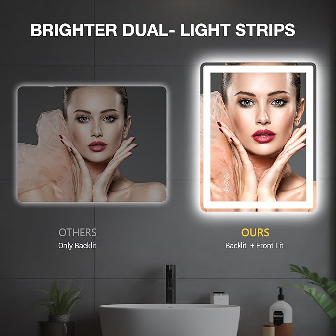 LED Bathroom Mirror 48"x 30" with Front and Backlight, Anti-Fog, Lighted Bathroom Vanity Mirror for Wall, Dimmable, Shatter-Proof, Rounded Rectangle Mirror Tempered Glass(Horizontal/Vertical)