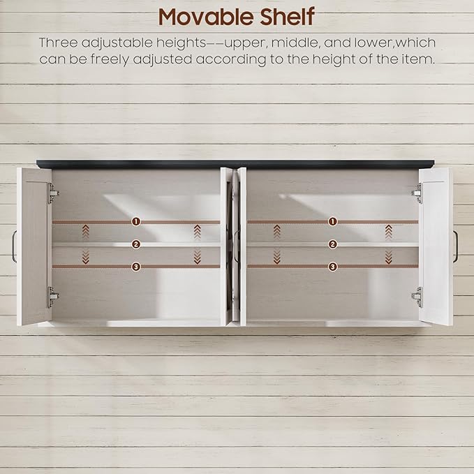 Halitaa 47" Laundry Room Cabinets and Storage with 4 Doors and Utility Adjustable Shelf, Large Wall Mounted Storage Cabinet, Upper Kitchen Cabinet for Laundry, Bathroom, and Kitchen, White and Black