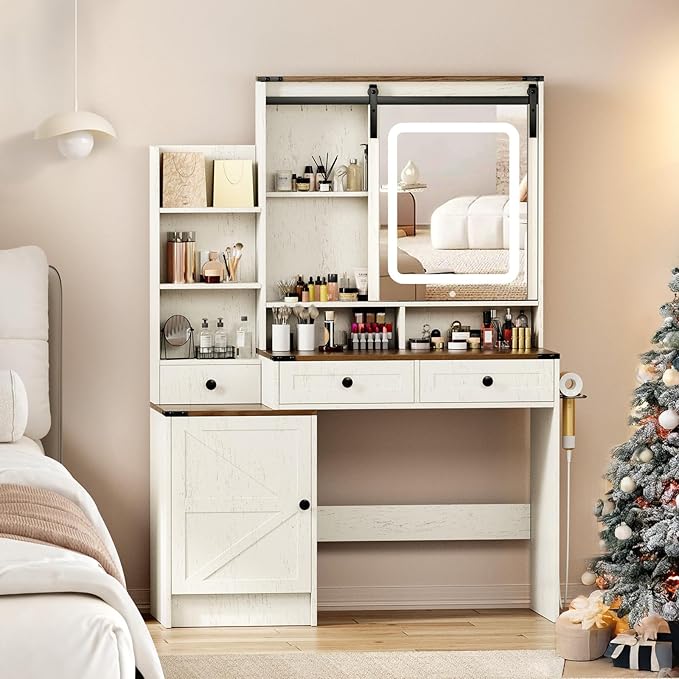 KAMABOKO Vanity Desk with Lighted and Mirror, White Makeup Table with Drawers and Charging Station, 3 Model Adjustable for Bedroom & Dressing Room (041 Brown)