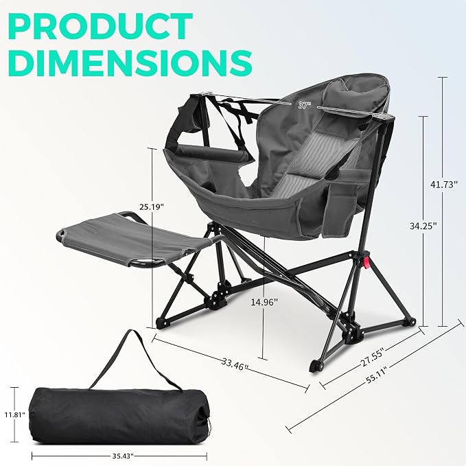 Ainfox Hammock Camping Chair with Footrest, Foldable Portable Rocking Chairs for Adults Outside Swinging Camp with Cup Holder Pillow for Outdoor Patio Poolside (Light Grey)