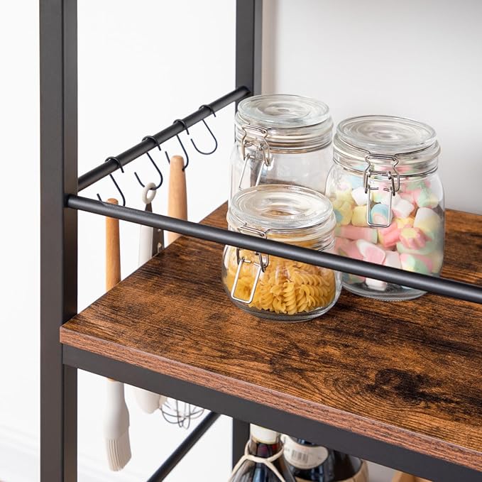 HOOBRO Kitchen Island with Wine Rack, Industrial Island Counter with Hooks and Protective Rails, 3 Tier Kitchen Shelf with Large Workstation, Easy Assembly, Rustic Brown BF02ZD01