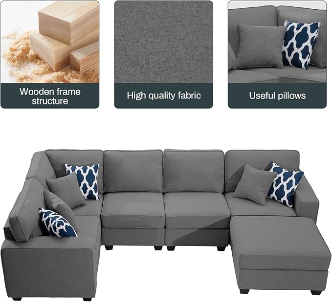 Legend Vansen Oversized Modular Sectional Sofa,U/L‑Shaped Reversible Couch with Ottoman,Deep Seat Plush Polyester Sofa for Living Room,6‑Seater,Dark Grey