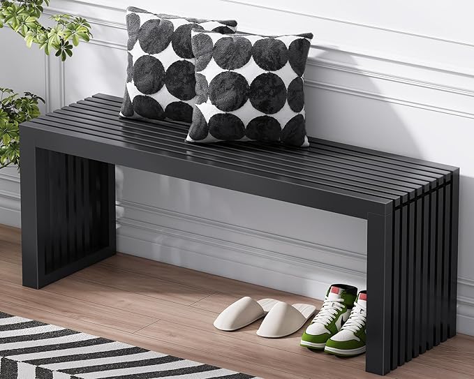 Bamboo Dining Bench, 35-inch Sleek Design Entryway Shoe Rack Bench, Indoor Kitchen Table Bench, Waterproof Outdoor Bench, Black