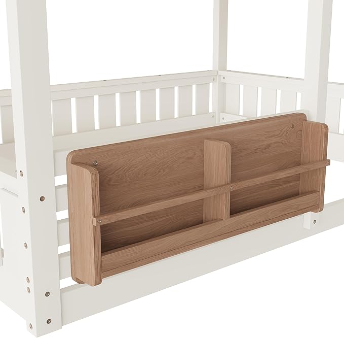 Full Size House Bunk Bed Frame with Storage Bookshelf, Window, Wooden Floor Bunk Bed with Fences, Space Saving for Kids Adults, No Noise, Beige