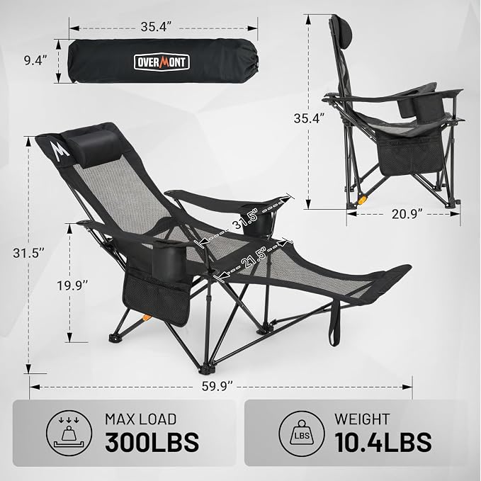 Overmont Reclining Camping Chair with Footrest - 4-Position Adjustable Backrest Lightweight Folding Lounge Chair for Adults with Pillow Carry Bag - Support 300LBS Portable for Outdoor Beach Lawn Patio