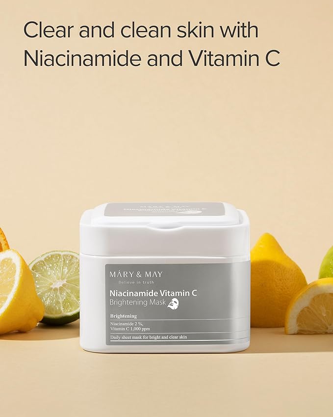 Mary&May Niacinamide Vitamin C Mask (30 Sheets) - Korean Face Mask for Glowing Skin - Daily Sheet Mask for Dark Spots & Dullness - Fragrance-Free, 13.52 fl.oz