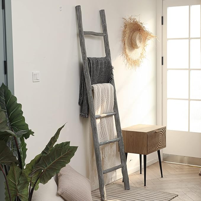 FUIN Fully Assembled 6ft Wood Blanket Ladder Living Room Decorative Wall Leaning Farmhouse Quilt Display Holder Rustic Wooden Towel Rack for Bathroom, Light Gray & Whitewashed