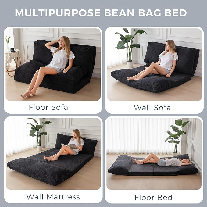 MAXYOYO Folding Sofa Bed, Extra Thick and Long Floor Sofa Convertible Sleeper Chair with Washable Cover, Floor Couch Lounge Bean Bag Bed for Living Room, Black, 30"x95"
